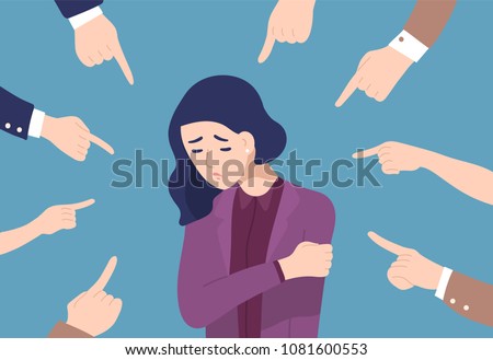 Sad or depressed young woman surrounded by hands with index fingers pointing at her. Concept of quilt, accusation, public censure and victim blaming. Flat cartoon colorful vector illustration. Royalty-Free Stock Photo #1081600553