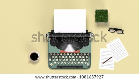 mock up typewriter paper and pen,eyeglasses,coffee top view on the table colorful education in front of yellow wall lovely picture for copy space minimal fruit and object concept pastel colorful Royalty-Free Stock Photo #1081637927