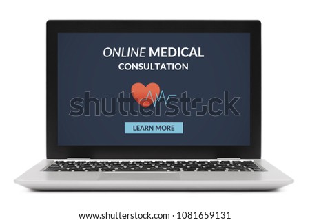 Online medical consultation concept on laptop computer screen. Isolated on white background. All screen content is designed by me.