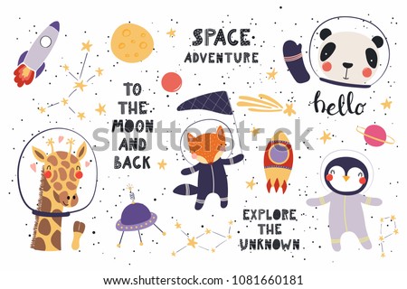 Big set of cute funny animal astronauts in space, with planets, stars, quotes. Isolated objects on white background. Vector illustration. Scandinavian style flat design. Concept for children print.