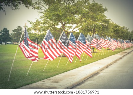 Vintage tone long row of lawn American Flags on green grass yard blowing. Groups of flying USA flags at an urban park along concrete pathway street. Memorial Day celebration in Katy, Texas, USA.