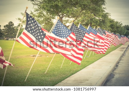 Vintage tone long row of lawn American Flags on green grass yard blowing. Groups of flying USA flags at an urban park along concrete pathway street. Memorial Day celebration in Katy, Texas, USA.
