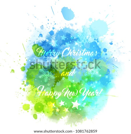 Watercolor Christmas background with text message in blue and green colors.