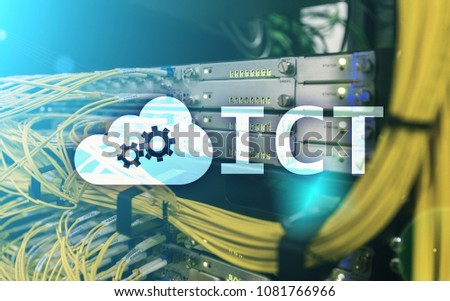 ICT - information and communications technology concept on server room background. 