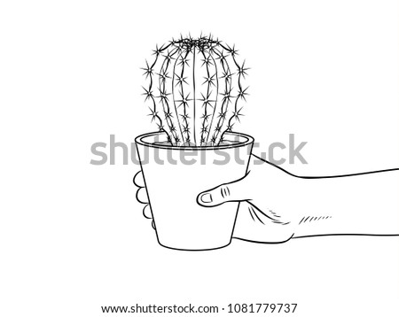 Hand holds cactus coloring raster illustration. Comic book style imitation.