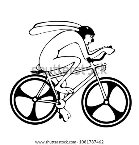 Drawing, sketch in the style of the cartoon. A cyclist-rabbit is riding a sports bike. Rabbit participates in races. Humorous illustration. Isolated Vector Illustration. Transparent background. Pretty