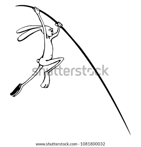 Drawing, sketch in the style of the cartoon. The rabbit jumps with the pole. Humorous illustration. Isolated Vector Illustration. Transparent background. A pretty animal.