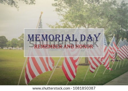 Text Memorial Day and Honor on long row of lawn American Flags background. Green grass yard USA flags blow in the wind. Concept of Memorial day or Veteran's day in America.
