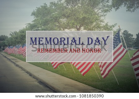 Text Memorial Day and Honor on long row of lawn American Flags background. Green grass yard USA flags blow in the wind. Concept of Memorial day or Veteran's day in America.