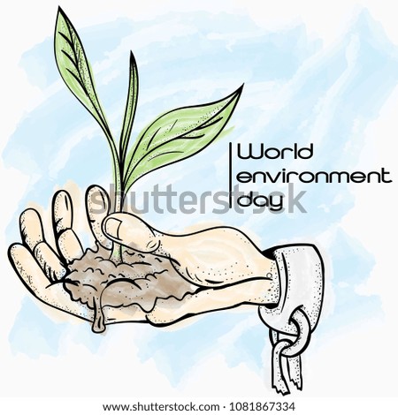 vector illustration of a hand in shackles holding a sprouting plant in the palm, symbolizing world environment day, the background is isolated
