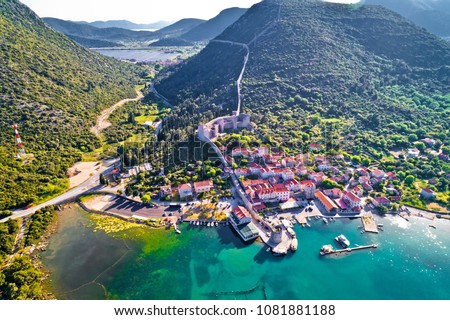 Mali Ston waterfront aerial view, Ston walls in Dalmatia region of Croatia Royalty-Free Stock Photo #1081881188