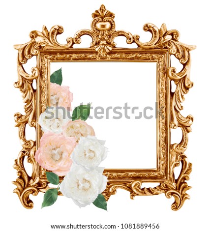 antique golden frame White roses around isolated on white background