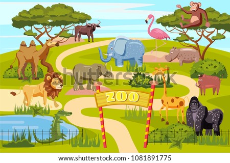 Zoo entrance gates cartoon poster with elephant giraffe lion safari animals and visitors on territory vector illustration, cartoon style, isolated Royalty-Free Stock Photo #1081891775