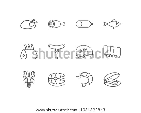 Butchery, poultry, seafood line icons set with chicken, drumstick, sausage, fish, ribs, pork, beef, lobster, salmon, shrimp, oyster.