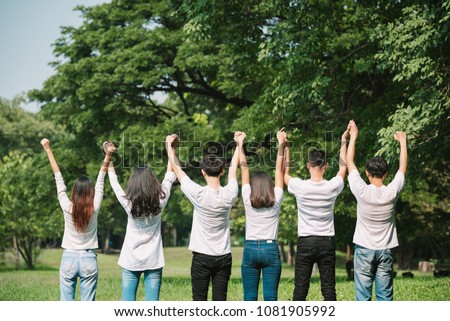 happy group initiative volunteer people cheerful together - Empower Teamwork Charity Volunteer Promise Protect forest and save world Royalty-Free Stock Photo #1081905992