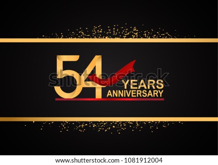 54 years anniversary golden design with red ribbon and glitter background for celebration