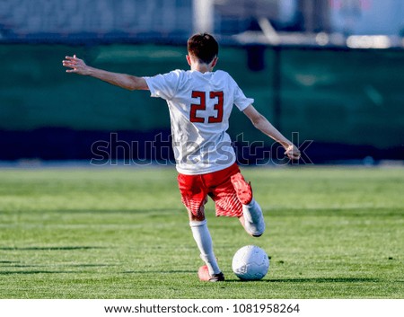 Soccer play kicking the ball during a game