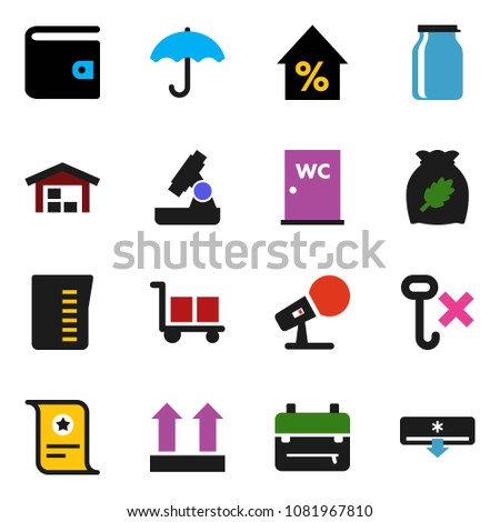 solid vector icon set - water closet vector, measuring cup, jar, cereal, backpack, microscope, certificate, wallet, percent growth, cargo, umbrella, top sign, no hook, microphone, barn