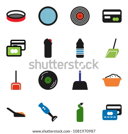 solid vector icon set - scoop vector, foam basin, cleaning agent, blender, sieve, credit card, water bottle, disk