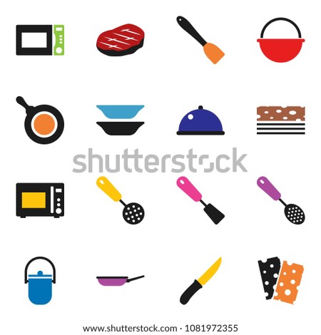 solid vector icon set - camping cauldron vector, pan, skimmer, spatula, knife, microwave oven, plates, dish, steak, breads