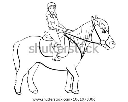 equestrian sport for children. Girl riding a pony. Horse. Equestrian sport. Riding horse. Horse rider. Vector illustratio. Isolated object on white background coloring for children