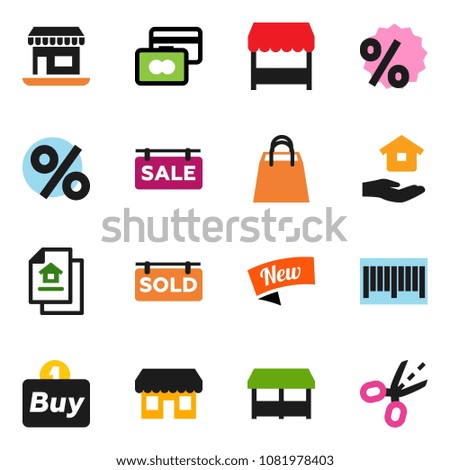 solid vector ixon set - house hold vector, credit card, office, estate document, sale signboard, sold, new, shopping bag, percent, market, store, buy, barcode, coupon