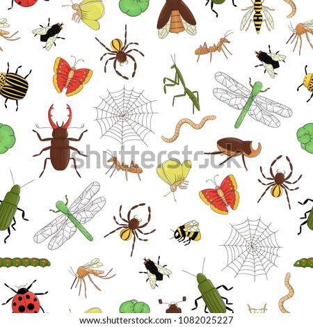 Vector seamless pattern of colorful  insects. Repeat background with isolated bright bee, bumble bee, may-bug, fly, moth, butterfly, caterpillar, spider, ladybug, beetle. Cartoon style illustration