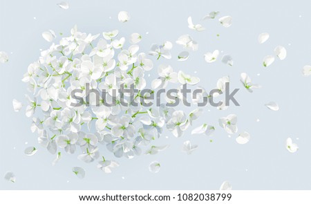 Summer wind - luxurious white vector Hydrangea flower and Apple blossom with flying petals in watercolor style for 8 March, wedding, Valentine's Day,  Mother's Day, sales and other seasonal events. Royalty-Free Stock Photo #1082038799
