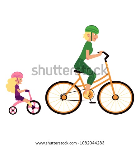 Sport family concept with mother and daughter in sports protection riding cycles. Woman sets example of healthy and active lifestyle for her kid girl. Isolated cartoon vector illustration.