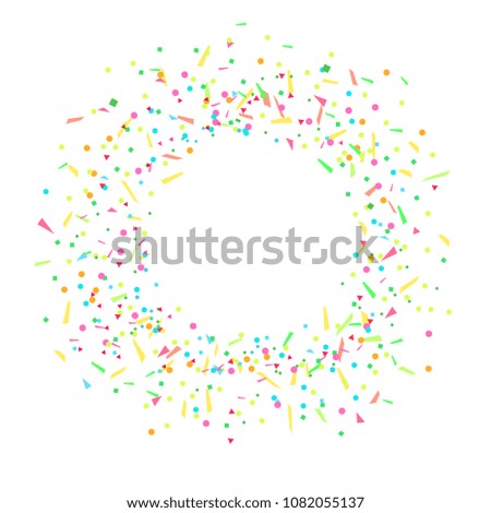Circle pattern with random geometric elements on white. Geometrical background with confetti. Texture from glitters. Festive frame. Print for banners, posters, t-shirts and textiles. Greeting cards