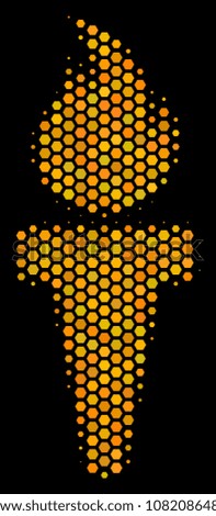 Halftone hexagonal Torch Fire icon. Bright yellow pictogram with honey comb geometric pattern on a black background. Vector composition of torch fire icon created of honeycomb elements.