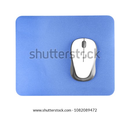 Blank pad and wireless computer mouse on white background, top view
