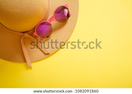 traveler summer flat lay sun glasses and woman hat copy space for your text or design ,Top view tourist travel or vacation concept.