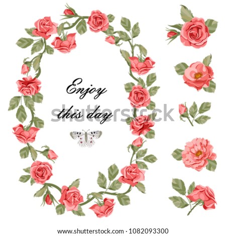 Vintage frame of roses. Floral frame. Vintage flowers. Beautiful roses frame. Cute rose wreath isolated on white