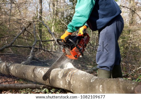 Caucasian man cutting logs with chainsaw