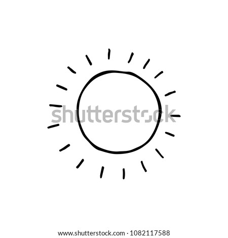 Cute cartoon hand drawn sun drawing. Sweet vector black and white sun drawing. Isolated monochrome doodle sun drawing on white background.