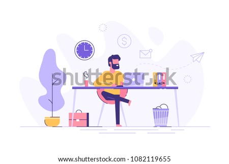 Handsome man is working at his laptop. Modern office interior with work process icons on the background. Vector illustration. Royalty-Free Stock Photo #1082119655