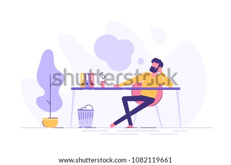 Business man is relaxing and dreaming about something at his work place. Modern office interior. Business concept. Vector illustration. Royalty-Free Stock Photo #1082119661