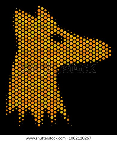 Halftone hexagon Fox Head icon. Bright yellow pictogram with honey comb geometric pattern on a black background. Vector composition of fox head icon done of hexagonal blots.
