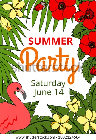 Summer background with tropic palm leaves, flowers. Summer party poster