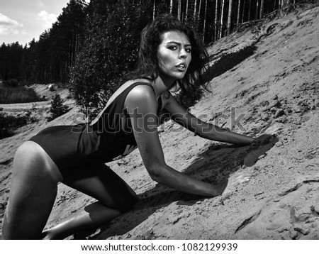 Girl on the beach black and white portrait