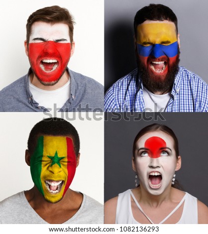 Emotional soccer fans with painted flags of Poland, Senegal, Columbia and Japan on faces. Rooters of football worldcup competition between rival countries of group H. Royalty-Free Stock Photo #1082136293