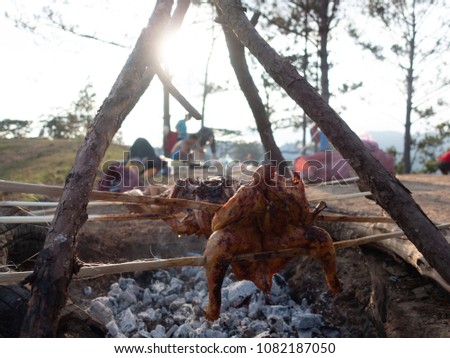 Barbecue chicken. Royalty high-quality free stock image of bbq chicken and camping tent in the forest