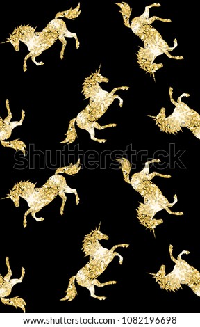 vector seamless gold glitter unicorn pattern on black background