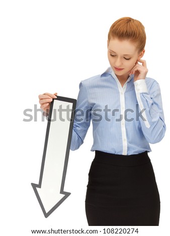 picture of unhappy woman with direction arrow sign