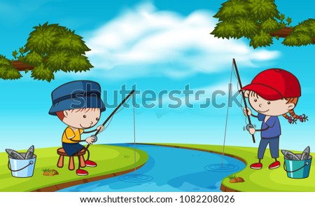 Doodle Kids Fishing at River illustration