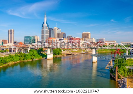 Nashville, Tennessee, USA downtown city skyline on the Cumberland River. Royalty-Free Stock Photo #1082210747