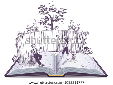 Tom Sawyer paints fence open book illustration. Vector isolated on white Royalty-Free Stock Photo #1082211797