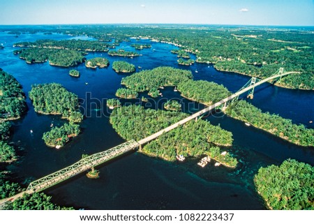 Aerial image of Thousand Islands, Ontario, Canada Royalty-Free Stock Photo #1082223437