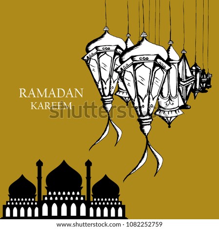 Ramadan Kareem with hand drawn lantern and mosque. Gold yellow background. Vintage minimalist design.